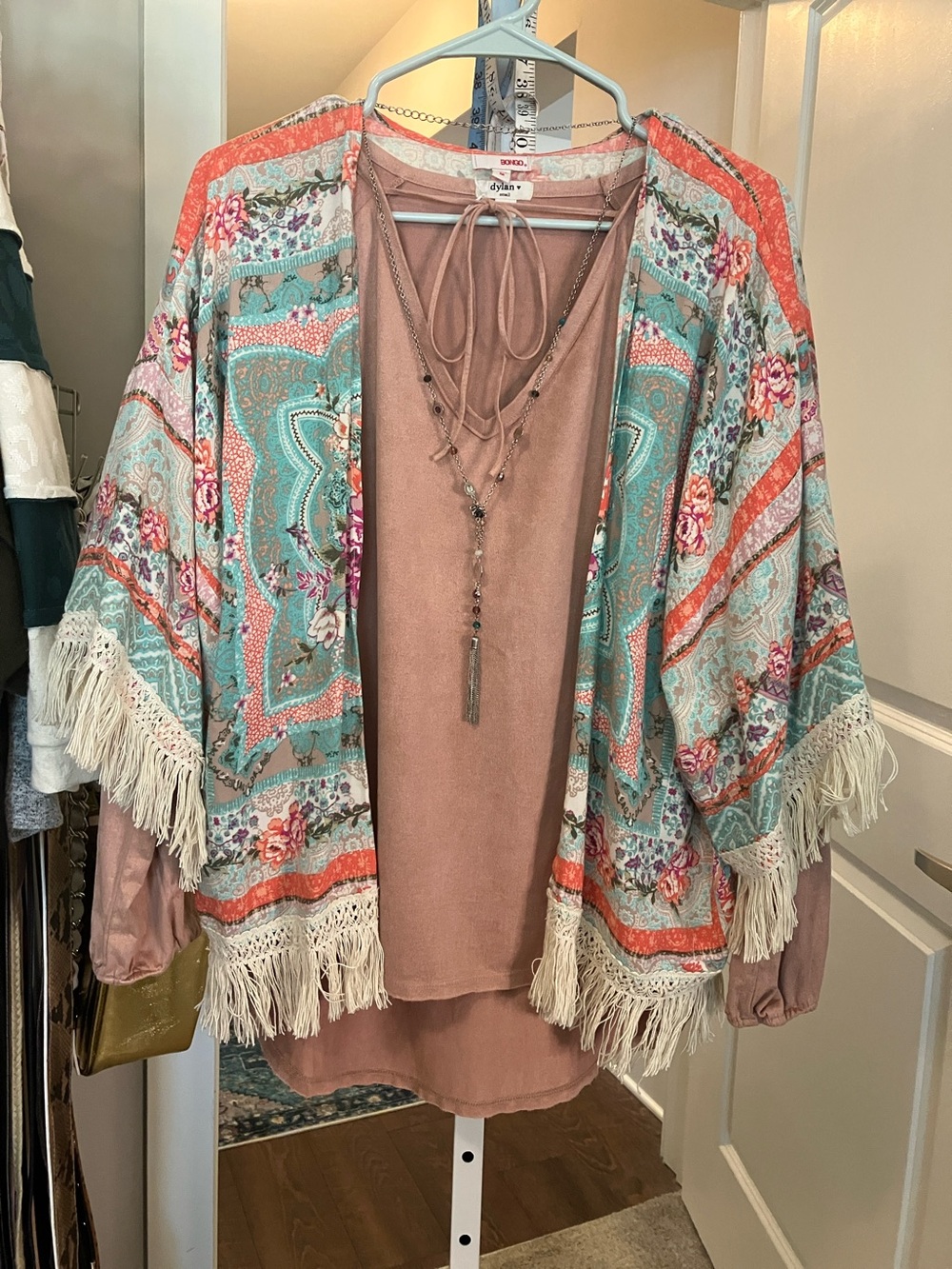 dylan Dusty Pink Lace-Up Top with Turquoise & Coral Fringe Kimono